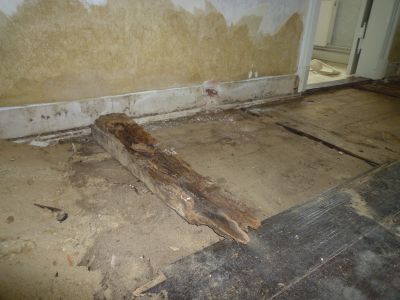 Auf dem Foto ist der Sandboden zu sehen.<br />Dielen und Wand haben Feuchteschäden, was auf die Plastikfenster zurückzuführen ist, die in den 90ern eingebaut worden sind. Außerdem wurden die Räume schlecht belüftet.